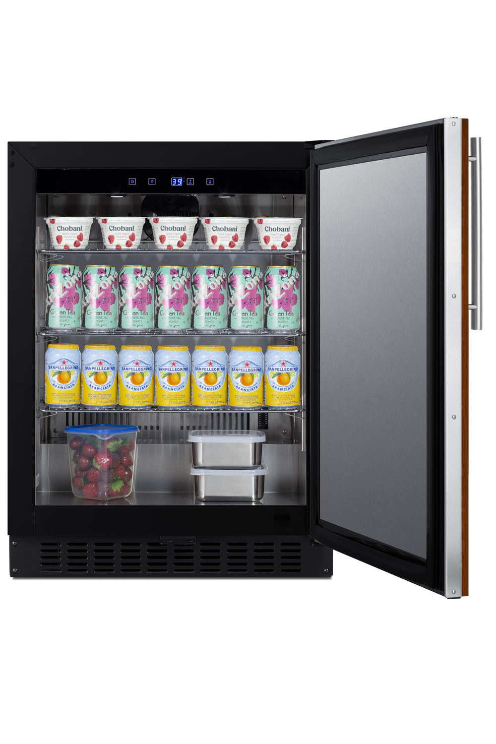 Shallow depth built-in undercounter ADA compliant all-refrigerator with panel-ready door, stainless steel interior, black cabinet, lock, and digital controls